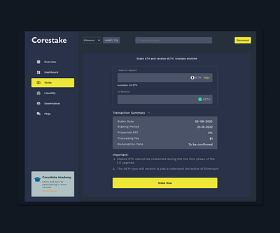 Staking page for Corestake blockchain defi design minimal ui ux web web design web3