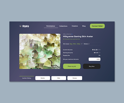 Roku NFT details page bitcoin blockchain defi design minimal ui ux web web design web3