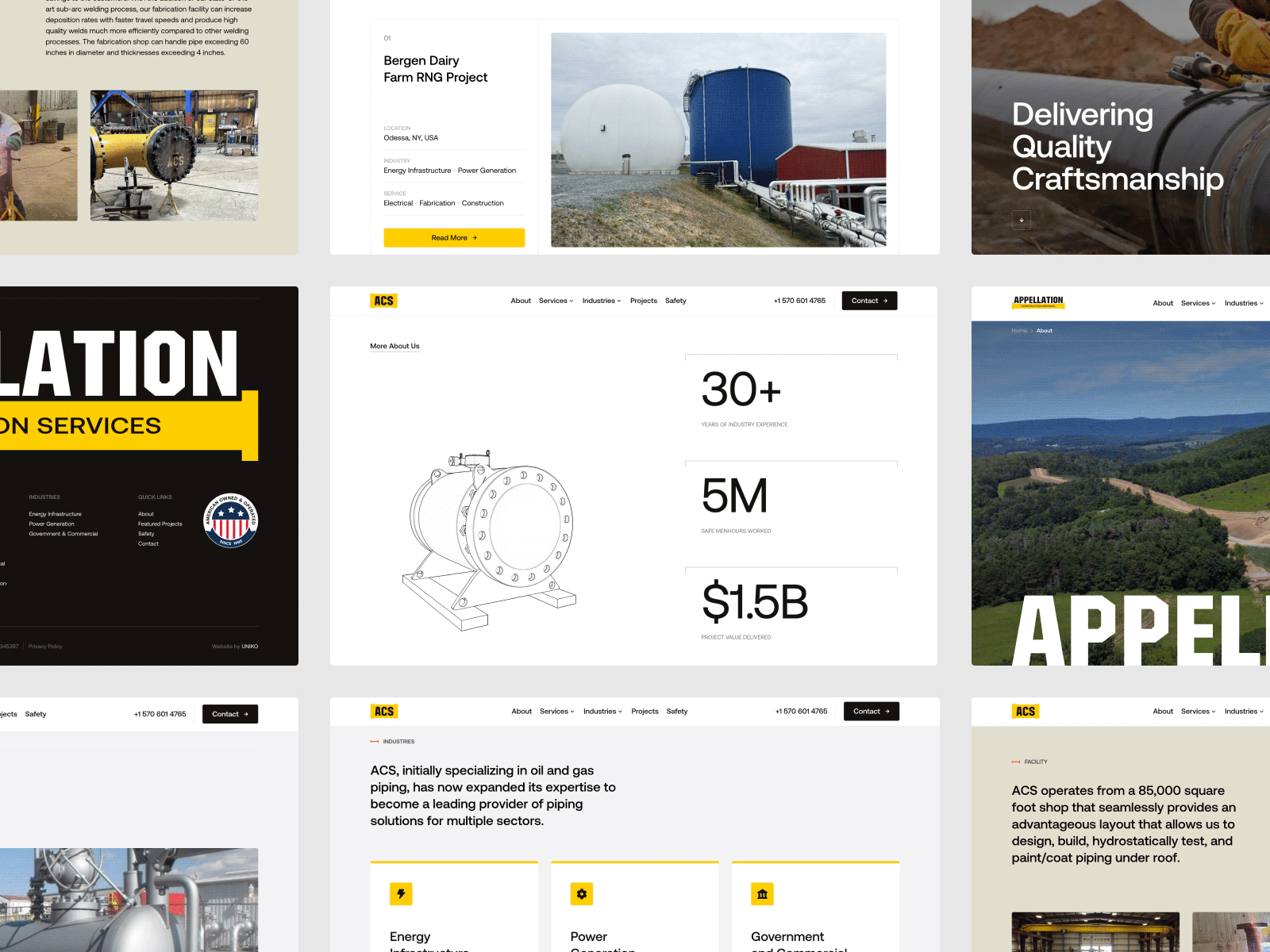 ACS - Responsive Website Design american construction services corporate website custom website fabrication heavy machinery homepage industrial website infrastructure building instrumentation landing page modern pipe three.js uniko us business web design webflow agency webflow development website design