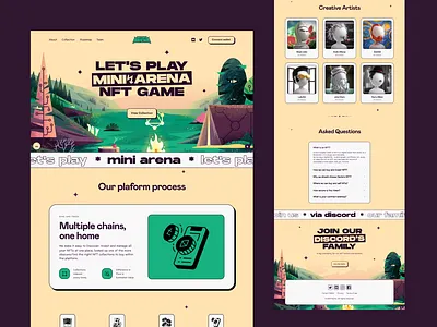 Nerko: "Mini↯Arena" Web3 NFT Landing page animation crypto design figma graphic design html5 illustration landing page metaverse motion graphics nft nft landing page nft portfolio template ui ux web design web template web3 wordpress