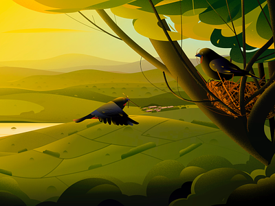 Birds birds blackfinch family illus illustration illustrations landscape nature sun together tree