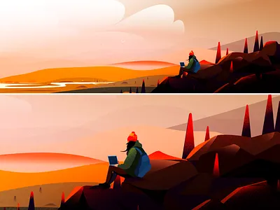 Ventures evening hill illustration landscape laptop light mountain nature tree ventures working