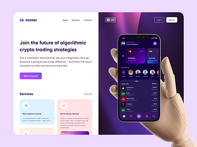 Finance Mobile App - "Spendy" Landing Page app bank banking card clean crypto defi design desktop finance landing logo minimalistic mobile money purple ui ux wallet web