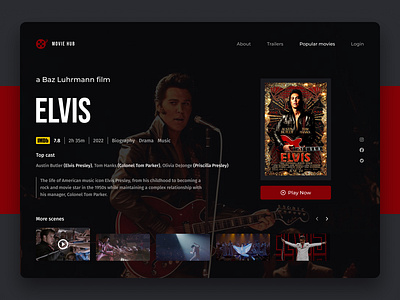 Movie Hub App - Elvis the movie promo page cinema concept daily ui dark mode elvis presley figma film imdb movie app movie page movies theater trailer tv ui ux watch movie web app web design website