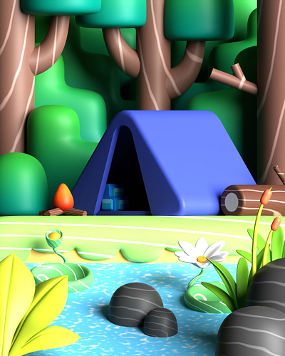 3D Camp in the Forest Illustration 3d blender camp campfire design forest graphic design illustration natural river