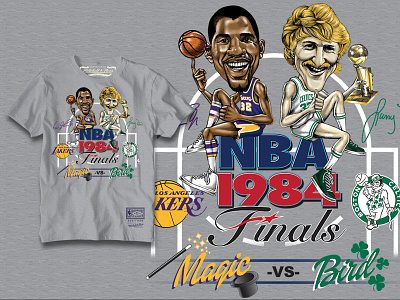 MAGIC JOHNSON, LARRY BIRD - '84 FINALS apparel design basketball caricature classic design drawing graphic design illustration lettering nba portrait retro sports throwback typography