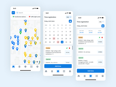 Utility app app calendar cards clean design flat interface map view mobile app time registration ui utility utility app ux