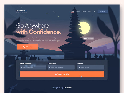 Travelista - Landing Page Design bali darkmode figma figmadesign illustration landing page nature tourism travel agency travel booking travelapp ui ux website design