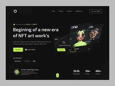 NFT Website Landing Page. binance bitcoin crypto crypto art dark dark ui digital art homepage mint minting nft nft marketplace nft web token trade ui uiux user interface web web3.0