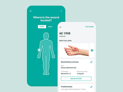 OneWound - Mobile app supporting detection of infected wounds ai camera communication details view doctor healing process healthcare material design medical data mobile app nurses photo profile scanning security tabbar treatment user testing wound wound analysis