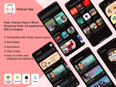 Pods- Podcast Player & Music Streaming flutter app androidapp audioappui design flutter flutterui ios app music player musicapp podcast podcastapp podcastmusic podplayer radioapp ui