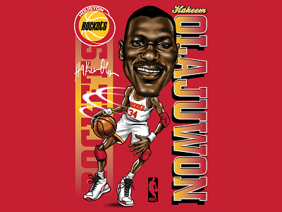 HAKEEM OLAJUWON basketball caricature classsic design drawing graphic design illustration lettering nba portrait retro sports throwback tshirt design typography