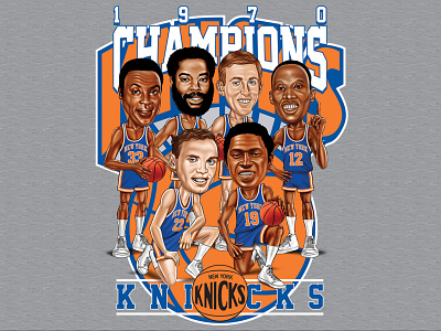 1970 WORLD CHAMPION KNICKS basketball caricature classic design drawing graphic design illustration lettering nba portrait retro sports throwback tshirt design typography