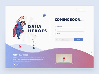 Daily Heroes | Coming Soon coming coming soon coming soon page gift help helping hero heroes illustration starting update web apps web ui website design youtube