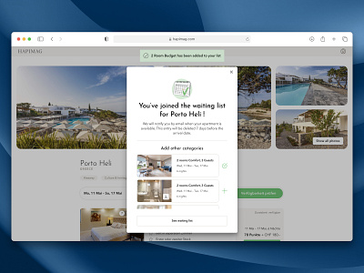 Hapimag.com - Waiting list feature booking design modal platform reservation success screen travel ui user experience user interface ux