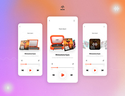 Muse - Music player app explorations 3d app beautiful design glass glassmorphism illustration interface design music neo neomorphism player playing popular render songs trending ui ux victrola