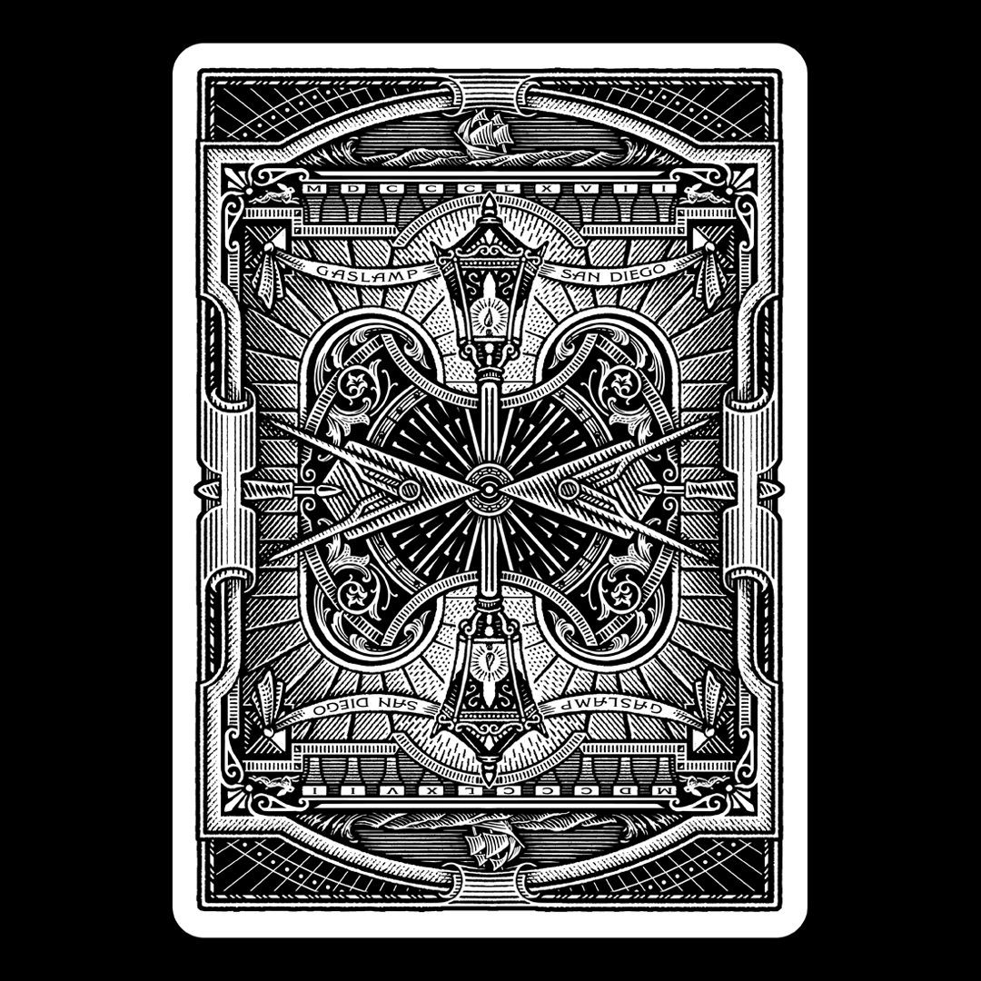 Gaslamp Playing Cards back design americana art of play california compass hand drawn illustration linework mason playing cards rabbit san diego ship symbols vector vintage woodcut