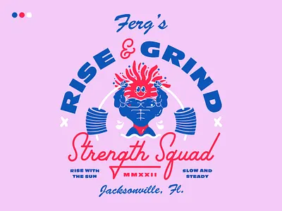 Rise & Grind 2022 active badge blue design grind gym illustration jacksonville lifestyle purple red rise sun vector weightlifting white workout