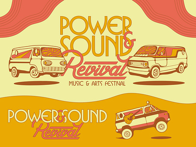 Power and Sound Revival Music Festival Brand Identity acoustic guitar americana boho branding car show chevy van dogde van ford hand drawn hand made hippie illustration logo music festival music industry north carolina poster rock show smoke typography