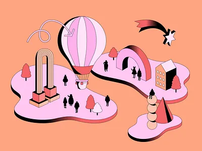 Niche Nets air balloon business communities community editorial illustration isometric networking networks report trend trends vector