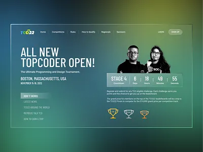 TCO22 Hero Exploration dark design glass glassmorphism illustration mock up mock up mockup modern topcoder ui ui design uiux web website