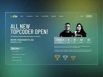 TCO22 Hero Exploration dark design glass glassmorphism illustration mock up mock up mockup modern topcoder ui ui design uiux web website