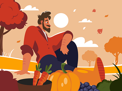 Autumn Harvest 🍂🌰 autumn beard brown carrots character design download falling leaves free freepik grapes harvest leaves lumberjack man plants pumpkin quadrato red trees yellow