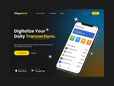 Hero section of a landing page for a fintech mobile app branding design elementor figma fintech graphic design illustration landing landingpage logo mobile product design ui uiux ux