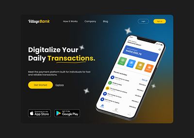 Hero section of a landing page for a fintech mobile app branding design elementor figma fintech graphic design illustration landing landingpage logo mobile product design ui uiux ux