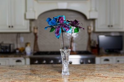Blue, Teal, Purple Recycled Steel Roses on Kitchen Counter View design upcycled weld