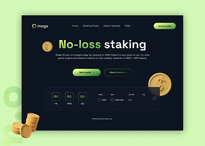 Omega No-loss gaming dApp branding crypto dapps defi design icon illustration logo minimal no loss typography ui ux vector