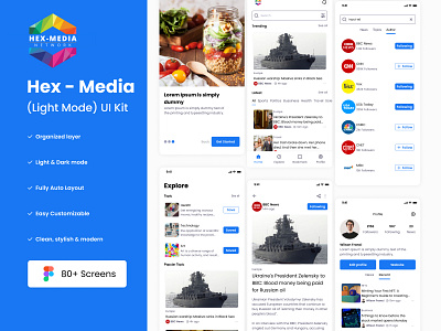 Creative Hex-Media News App UI Kit chanllange figma news app news feed newsletter redesign ui design ui kit uiux user interface wall street journal redesign