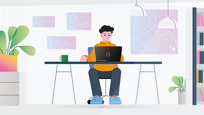 Distant working boy business character computer developer distant working flat freelancer graphic design house illustration indoor laptop man office people programmer remote vector work