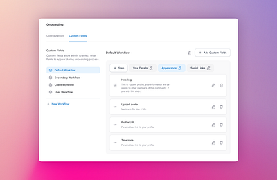 Onboarding admin app drag iconsax onboarding settings tabs web app workflow