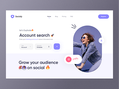 Landing page - Social Media Search ali majlessi clean follower homepage instagram interface landing landing page products social media post studio trend twitter ui web web design