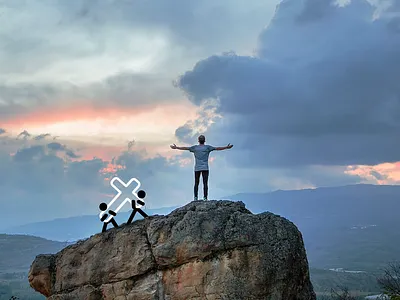 Help people reach their 🗻 goals! 💪 3d arms bible carry on christian cross hands jesus landscape mountain mountains raised sky stick figure stick figures victory worship