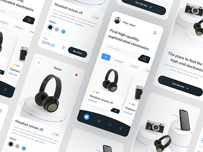 Electronic marketplace mobile app app blue camera clean design ecomerce electronic headset marketplace minimalist mobile modern sell shop store technology ui uiux ux white