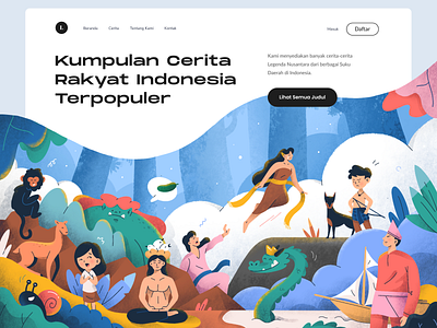 Landing Page Exploration of Cerita Nusantara color desktop digital art drawing folklore hero header hero section illustration indonesia landing landing page legends page procreate texture ui ux website