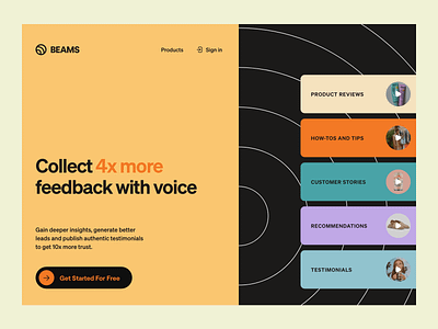 🎤 Beams Hero Header | Feedback with Voice clean colorful design feedback feedback with voice hero header landing page minimal music play sound typography ui ui design ux ux design voice web web design website