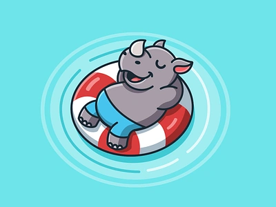 Rhino Relaxing calming cartoon character cute enjoy float funny happy holiday horn illustration mascot pool relaxing rhino rhinoceros swimming trip vacation water