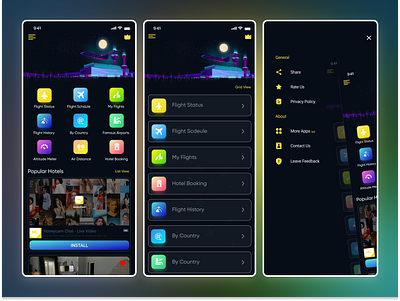 Flight Tracking & booking App branding dark theme dashboard flight booking app flight tracking app flight ui grid view infogaphic list view mobile app design multisyn tech nouman arif kiani travel ui ui uiux ux