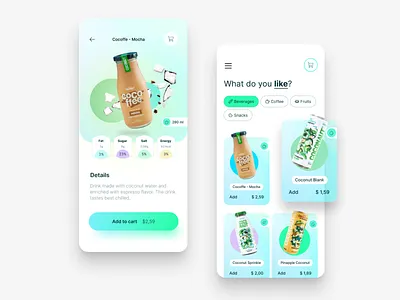 Coconaut App -611-1516 app design beverages clean coconut colorful exotic food app summer vibe ui uiux user interface vibrant