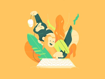 Curious monkeys character design computer finger hand illustration jungle keyboard laptop leaves monkeys mouse nature plants texture tropic