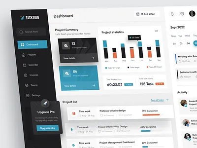 Task Management Dashboard - Tasktion app design card dashboard dashboard management dekstop kanban list management progress bar project project management project statistics statistics task management dashboard team team management ui ux web app web design