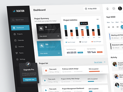 Task Management Dashboard - Tasktion app design card dashboard dashboard management dekstop kanban list management progress bar project project management project statistics statistics task management dashboard team team management ui ux web app web design