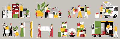 Moving new home set flat home illustration moving people vector