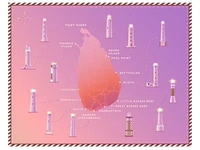 Illustrated map of lighthouses colorful data visualization design graphic design illustrated map illustration infographic map island lighthouses poster design purple retro design sri lanka travel illustration tropical