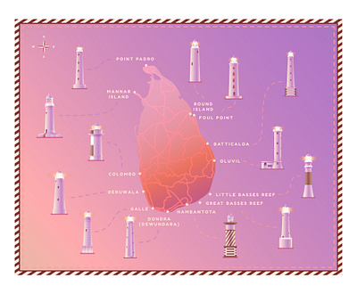 Illustrated map of lighthouses colorful data visualization design graphic design illustrated map illustration infographic map island lighthouses poster design purple retro design sri lanka travel illustration tropical