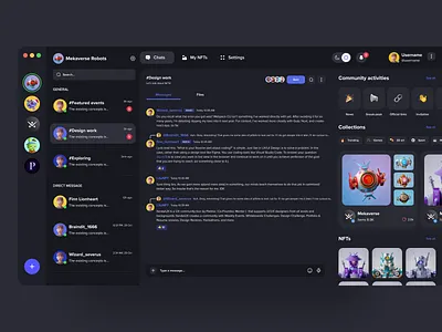 Web3 & NFT: Community for Collectors and Project Leaders app blockchain chat clean colorful community concept crypto dark mode dark theme desktop discord header interaction messanger minimal navigation nft web design web3