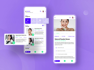 App for selling beauty training courses. actionsheet beauty bottombar boxes burger business button carousell course design system menu navbar offer pay profile ratings register sale service services